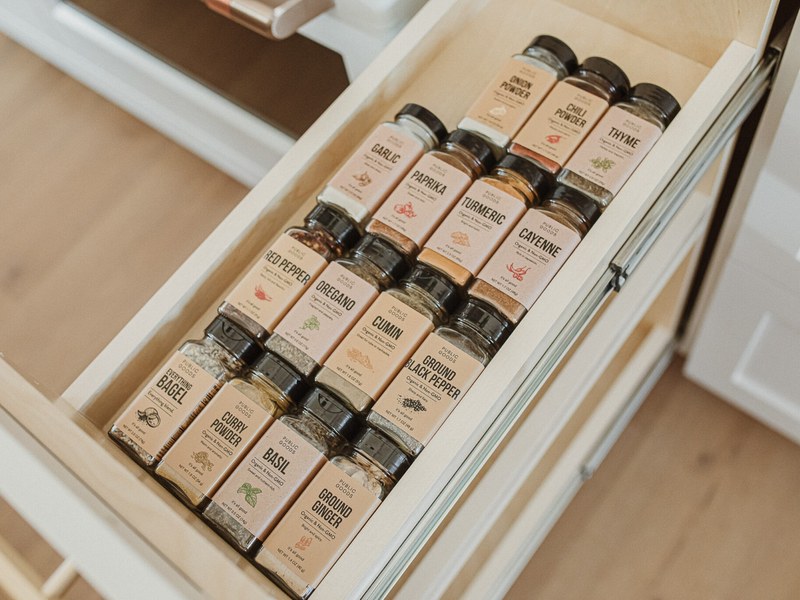 The spice drawer, stocked and labeled